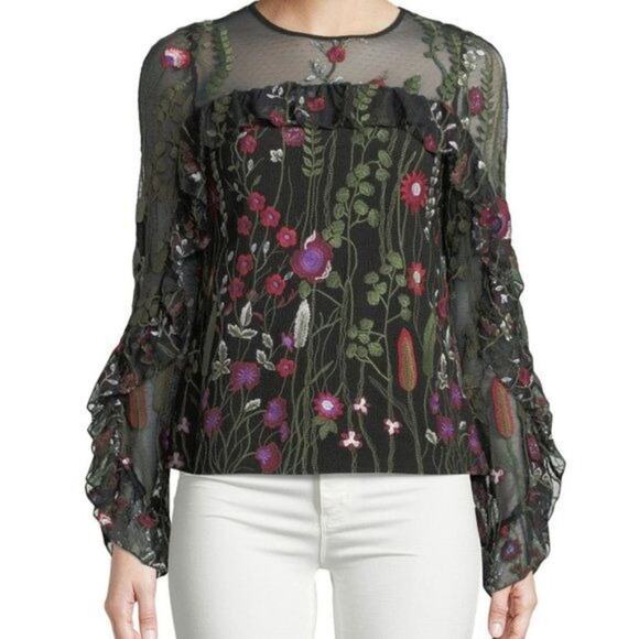 Red Carter Brianne Floral Embroidered Blouse Ruffle Sleeves Black Red  NWT S - Picture 1 of 11